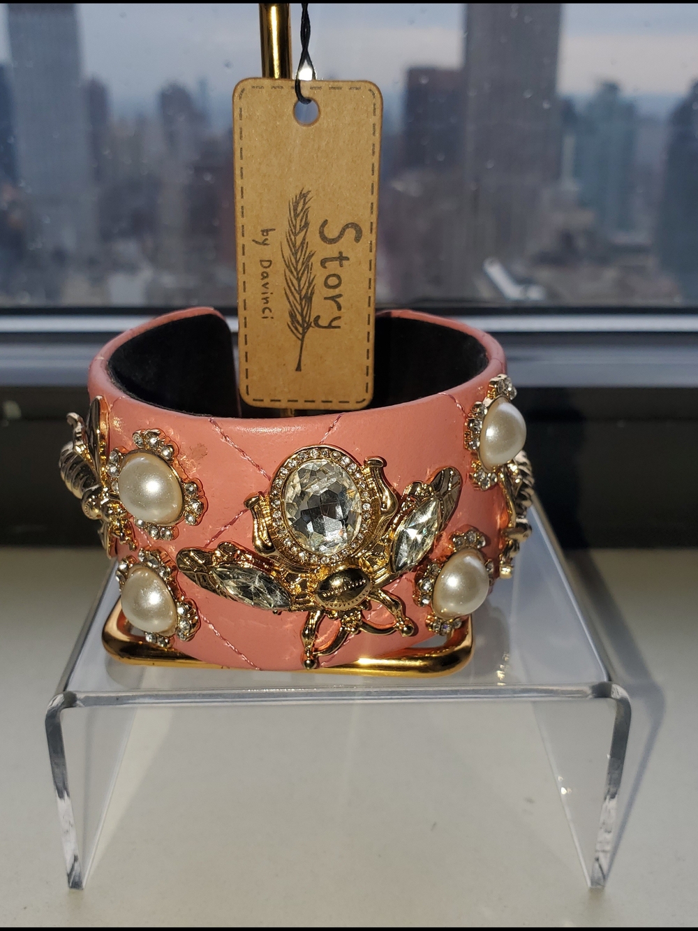 Pink Quilted Cuff Bracelet with Gold & Pearl Embellishments